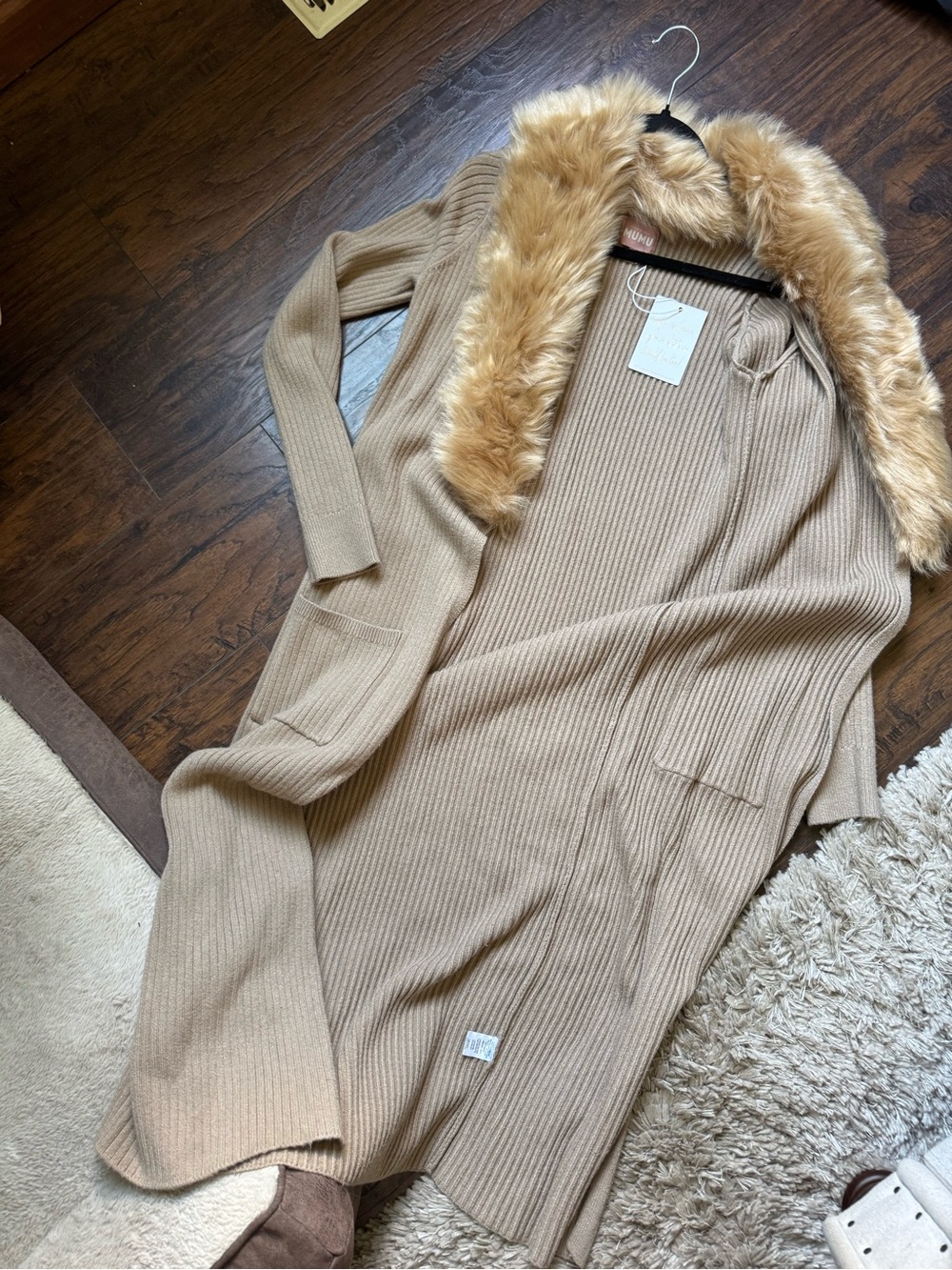 NWT Show Me Your Mumu - Long Ribbed Open Cardigan with Faux Fur Collars - Beige